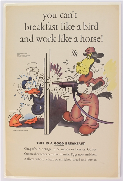 1943 Donald Duck Walt Disney 12.5" x 19" You Cant Breakfast Like A Bird And Work Like A Horse California War Council Broadside