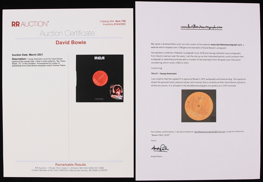 Lot Detail - 1975 David Bowie Signed Young Americans Promotional Record ...