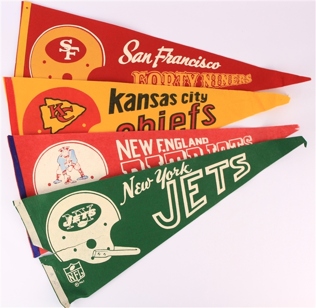 1967 NFL Full Size 29" Pennant Collection - Lot of 4 w/ NY Jets, SF 49ers, KC Chiefs & New England Patriots