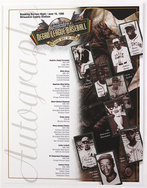 1998 Negro League Baseball Breaking Barriers Night 8.5" x 11" Autograph Card