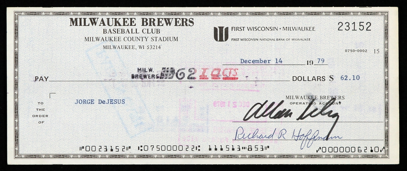 1979 Bud Selig / Jorge DeJesus Milwaukee Brewers Signed Check 