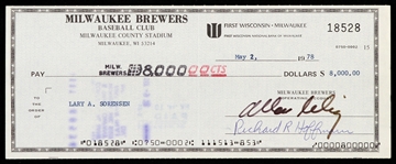 1978 Bud Selig / Lary Sorensen Milwaukee Brewers Signed Check 