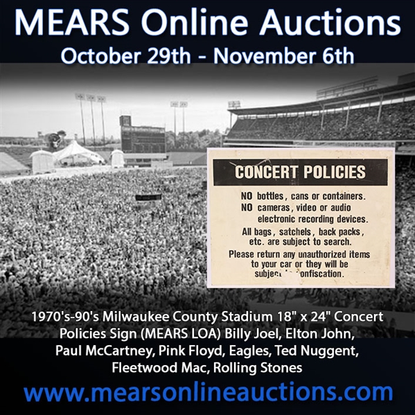 1970s-90s Milwaukee County Stadium 18" x 24" Concert Policies Sign (MEARS LOA) Billy Joel, Elton John, Paul McCartney, Pink Floyd, Eagles, Ted Nuggent, Fleetwood Mac, Rolling Stones