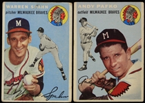1954 Warren Spahn Andy Pafko Milwaukee Braves Topps Baseball Trading Cards - Lot of 2