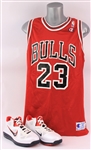 1990s-2010s Michael Jordan Chicago Bulls Champion Retail Jersey & Nike LeBron 9 Low Sneakers - Lot of 2