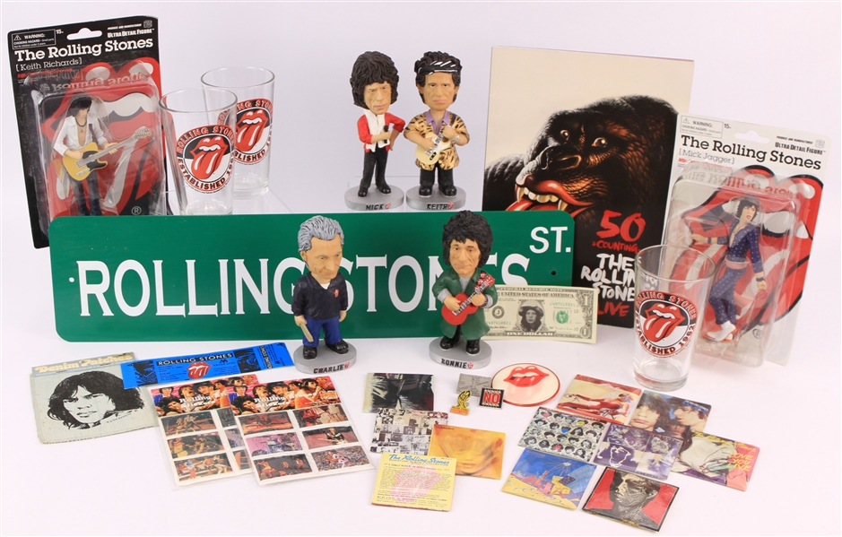 1970s-2000s Rolling Stones Memorabilia Collection - Lot of 30 w/ MOC Action Figures, Bobbleheads, Pint Glasses & More