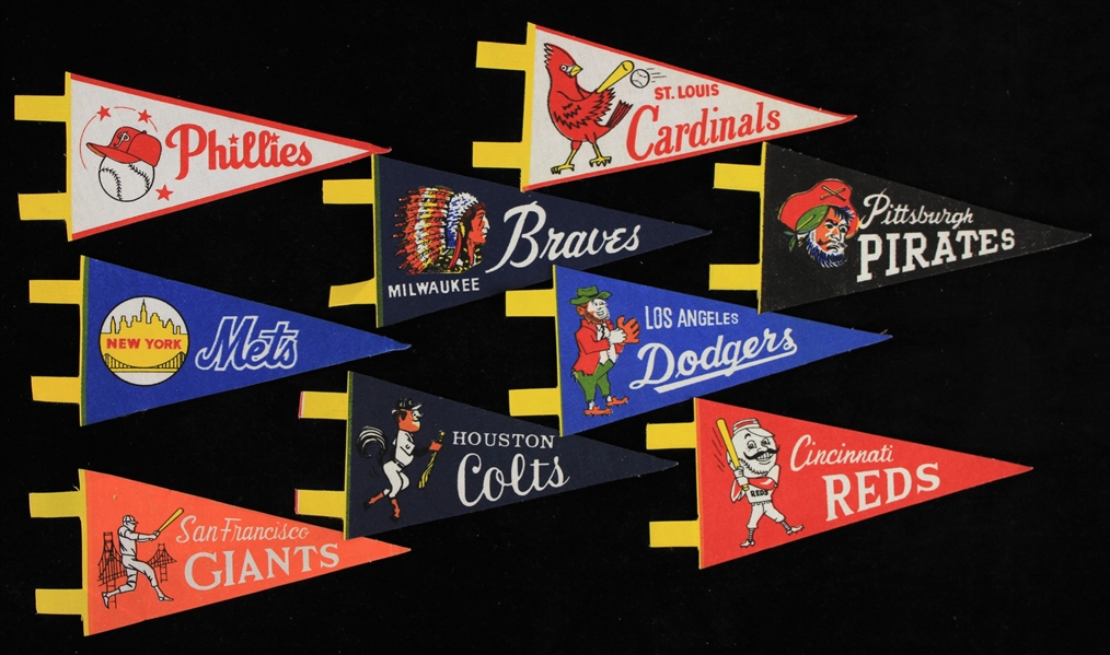 1960s Baseball 6.5" Mini Pennant Collection - Lot of 9 w/ Houston Colts, Milwaukee Braves & More