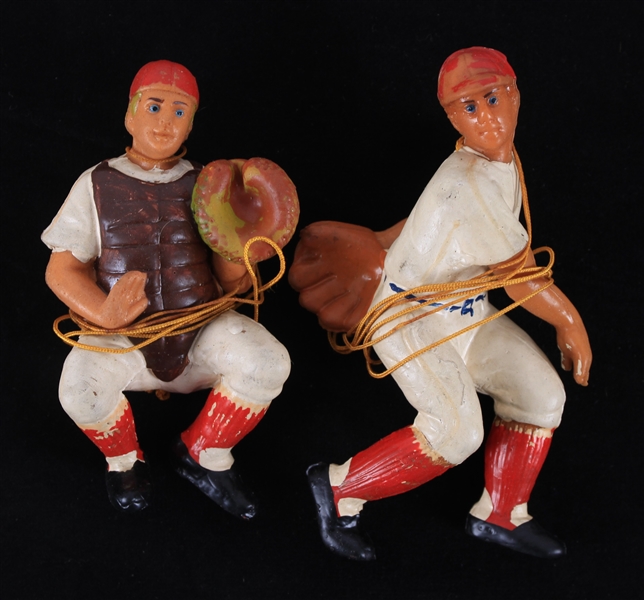 1950s Pitcher & Catcher Hanging Rubber Baseball Figures - Lot of 2
