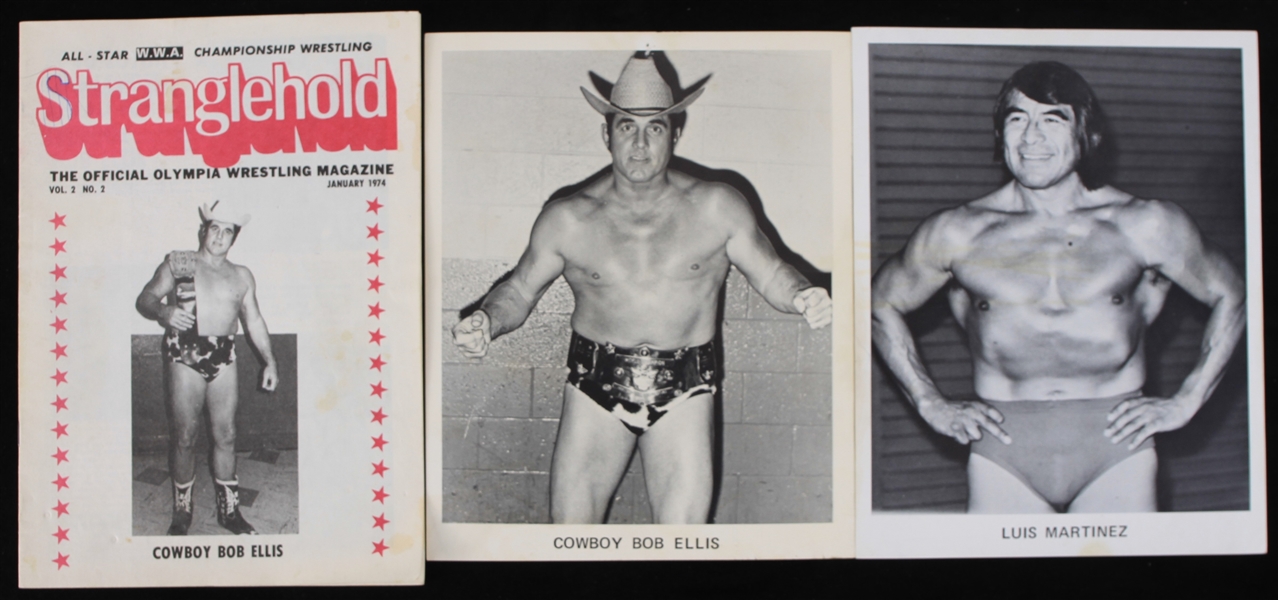1974 Wrestling Memorabilia Collection - Lot of 3 w/ Cowboy Bob Ellis, Photos & Stranglehold Olympia Wrestling Magazine
