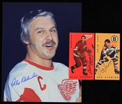 1990s Bill Gadsby Reg Fleming Alex Delvecchio Signed Trading Cards & Photo - Lot of 3 (JSA)
