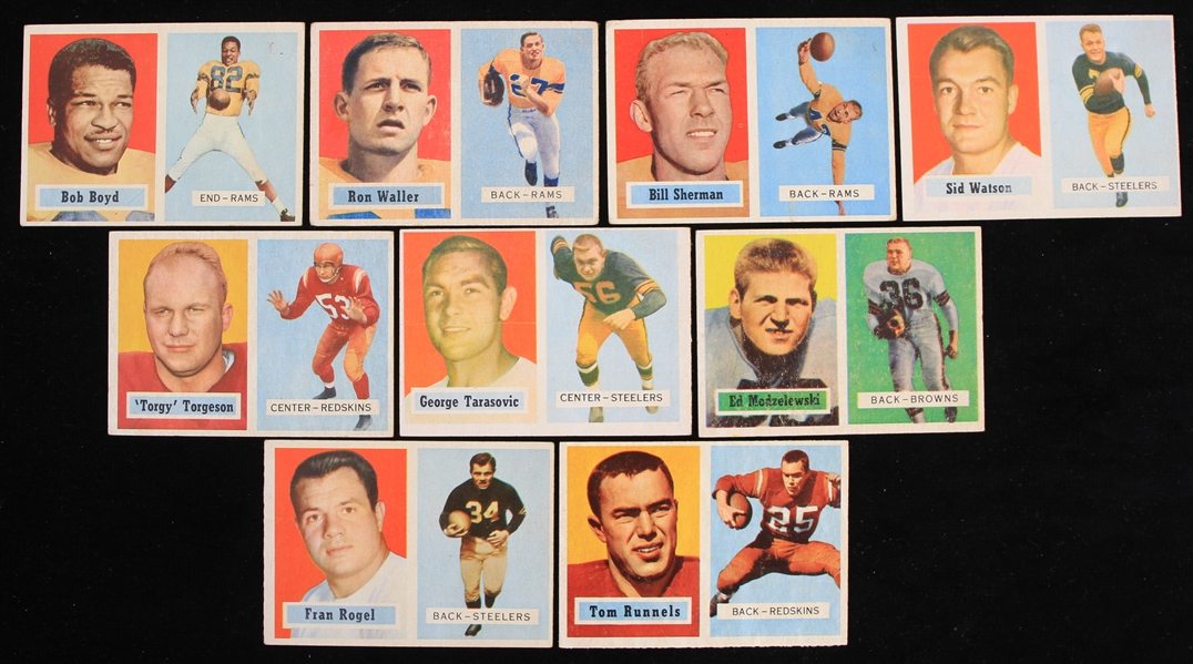 1957 Topps Football Trading Cards - Lot of 9 w/ Tom Runnels, Bill Sherman, Torgy Torgeson & More