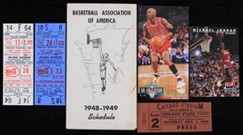 1948-94 Basketball Memorabilia Collection - Lot of 6 w/ Ticket Stubs, Michael Jordan Cards & New York Knicks Signed 1948-49 Schedule Book (JSA)