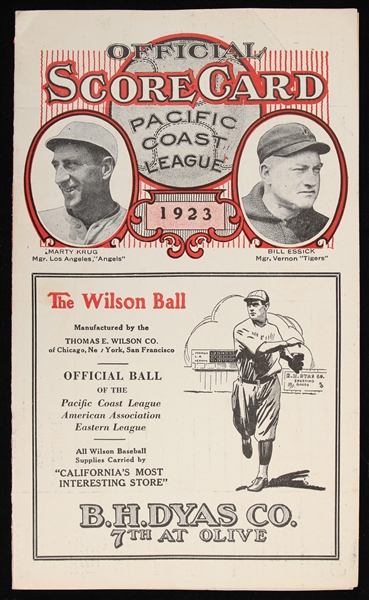 1923 Los Angeles Angels Vernon Tigers Pacific Coast League PCL Scorecard