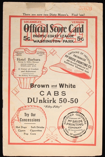 1924 Los Angeles Angels Vernon Tigers Pacific Coast League PCL Scorecard