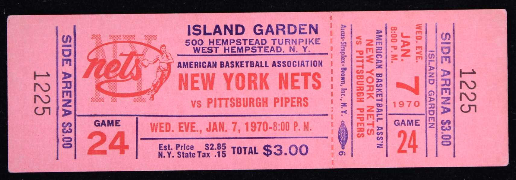 1970 New York Nets Pittsburgh Pipers Island Garden ABA Full Ticket