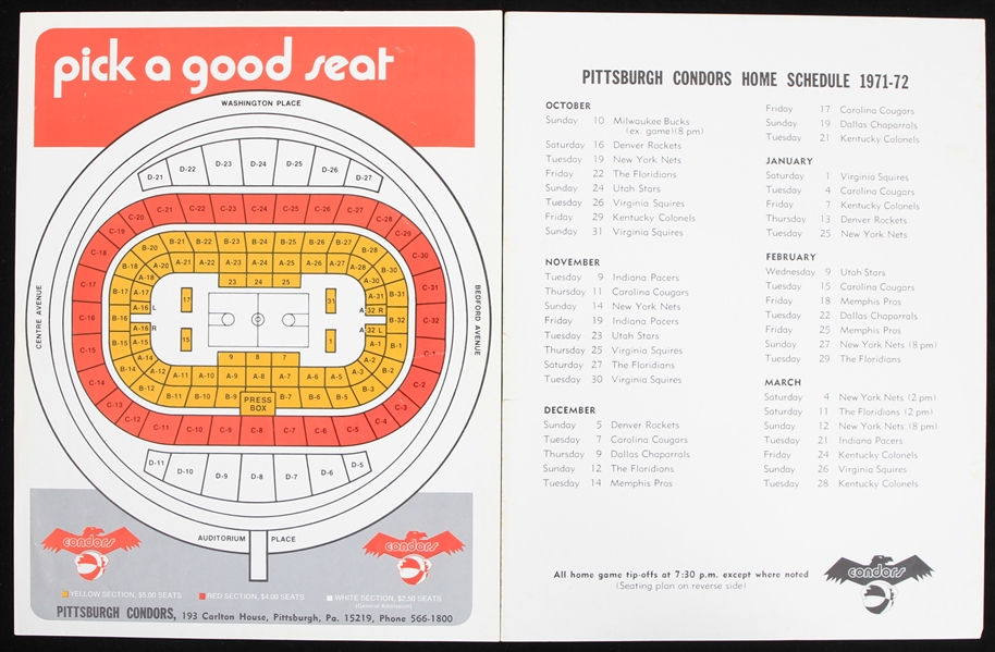 1971-72 Pittsburgh Condors "Pick A Good Seat" ABA Home Schedule Sheets - Lot of 2