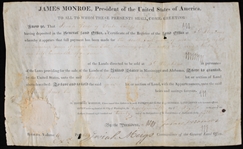1820 James Monroe 5th President of the United States Signed Land Grant (JSA)