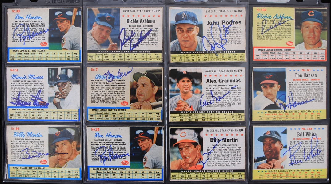 1961-63 Signed Post Cereal Baseball Trading Cards - Lot of 30 w/ Duke Snider, Yogi Berra, Billy Martin & More (JSA)