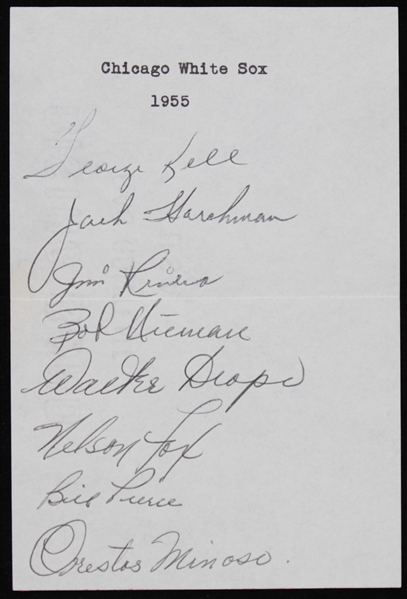 1955 Chicago White Sox Multi Signed Sheet w/ 8 Signatures Including George Kell, Bill Pierce, Orestes Minoso & More (JSA)