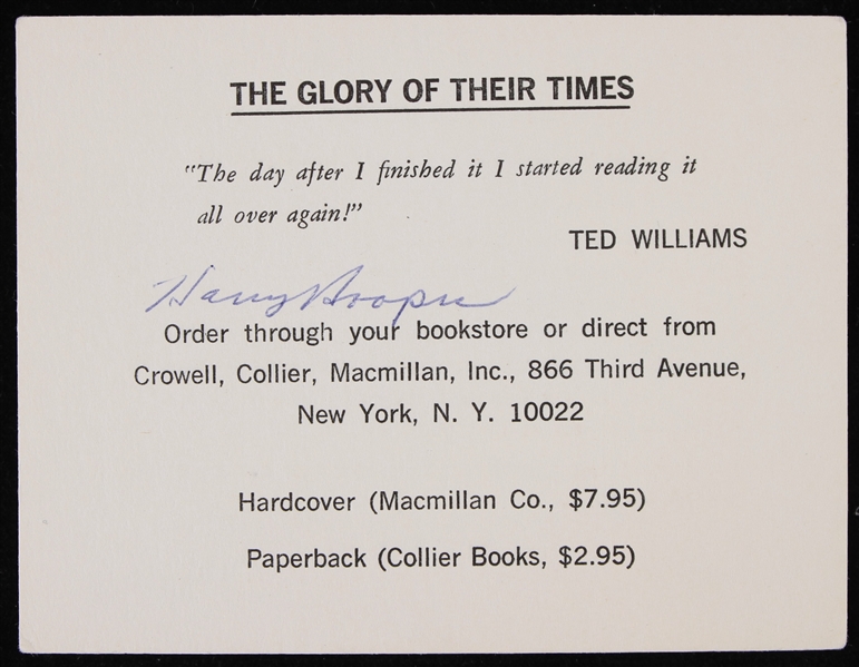 1966 Harry Hooper Boston Red Sox Signed The Glory of Their Times 3.5" x 4.5" Promotional Card (JSA)