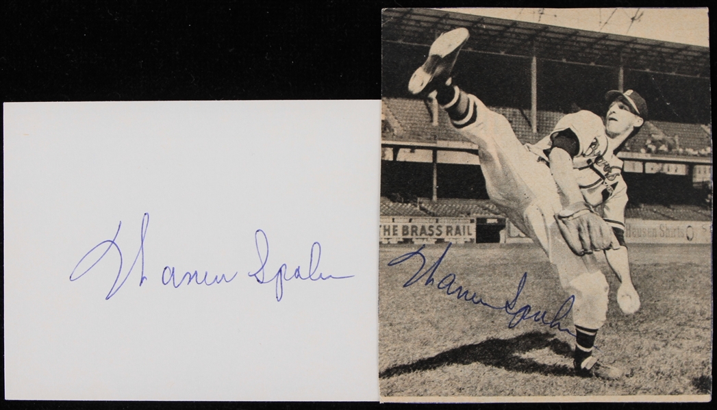 1960s Warren Spahn Milwaukee Braves Signed Index Card & Cut Photo - Lot of 2 (JSA)