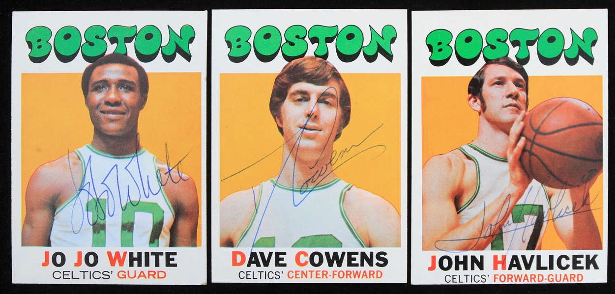 1971 John Havlicek Dave Cowens Jo Jo White Boston Celtics Signed Topps Basketball Trading Cards - Lot of 3 (JSA)