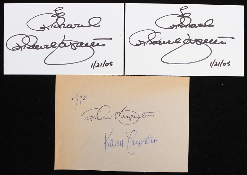 1972-2005 Karen Carpenter Richard Carpenter The Carpenters Signed Cut & Index Cards - Lot of 3 (JSA)