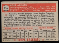 1952 Richie Ashburn Philadelphia Phillies Signed Topps Baseball Trading Card (JSA)