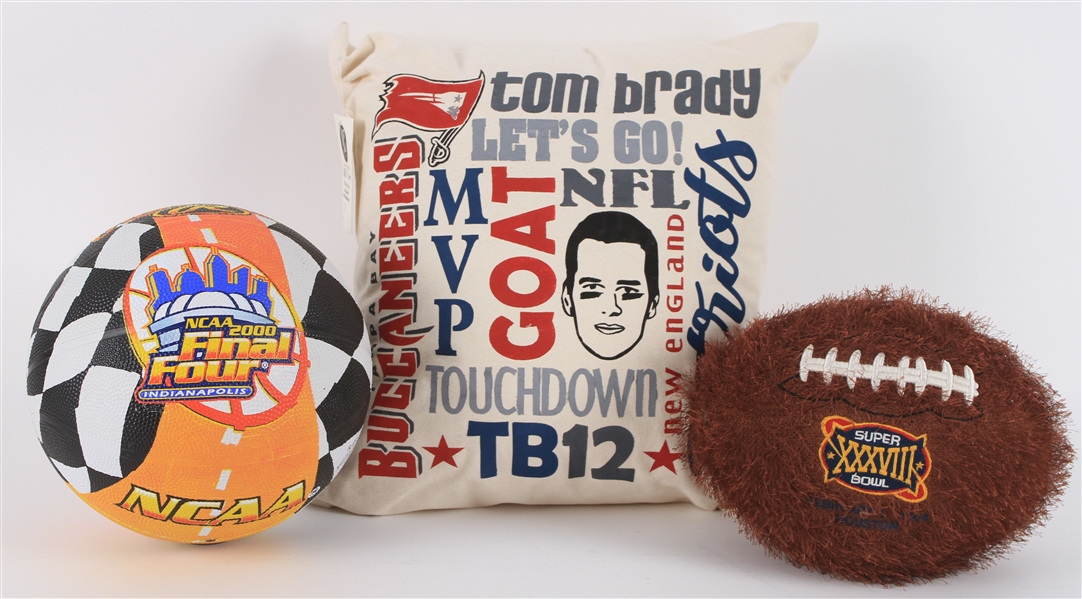 2000-20 Football & Basketball Memorabila Collection - Lot of 3 w/ Tom Brady Throw Pillow, Plush Super Bowl XXXVIII Football & 2000 Final Four Commemorative Basketball