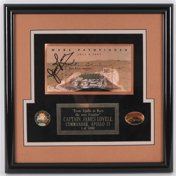 1997 James Lovell Apollo 13 Signed 11" x 11" Framed Mars Pathfinder Commemorative Stamp (JSA)