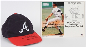 1997 Phil Niekro Atlanta Braves Signed Cap & 8" x 10" Hall of Fame Induction Day Photo - Lot of 2 (JSA)