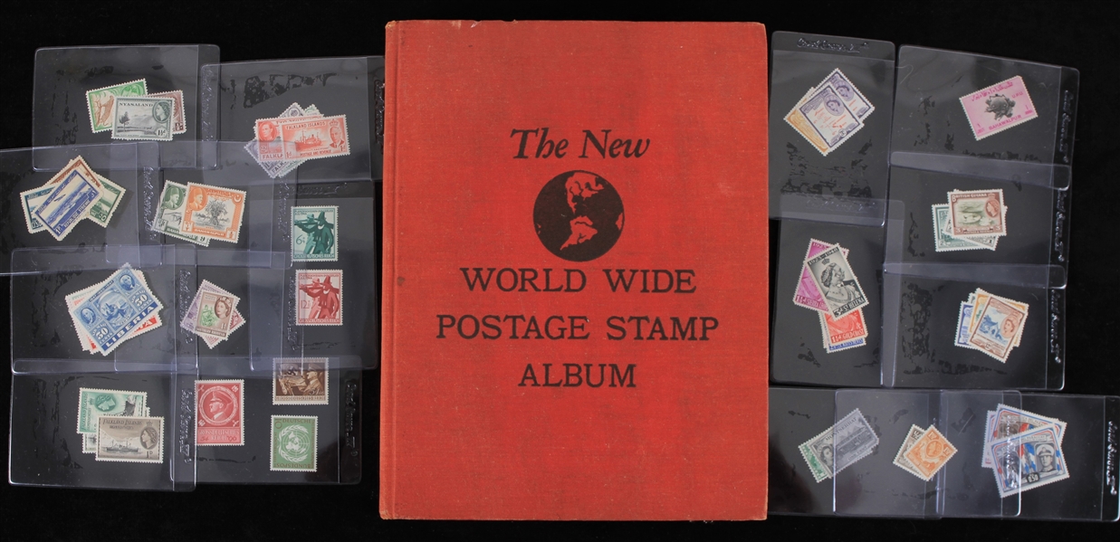 1955 New World Wide Postage Stamp Hardcover Album + 150 Assorted Stamps 
