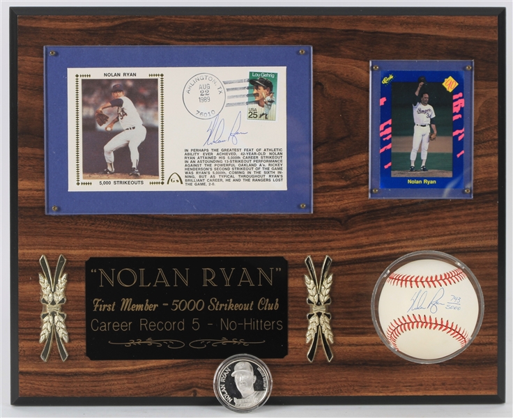 1989 Nolan Ryan Texan Rangers Signed Baseball & Envelope w/ 12x15 5,000 Strikeout Club Plaque (JSA)