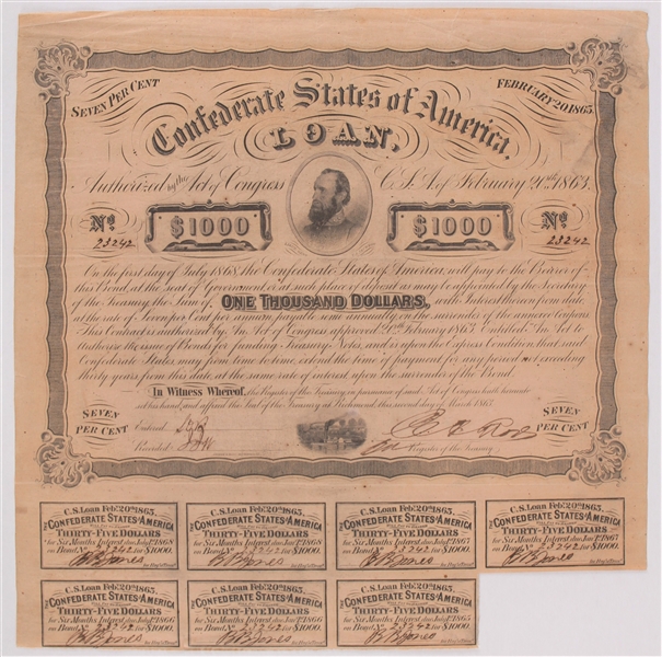 1863 Stonewall Jackson Confederate States of America Loan 