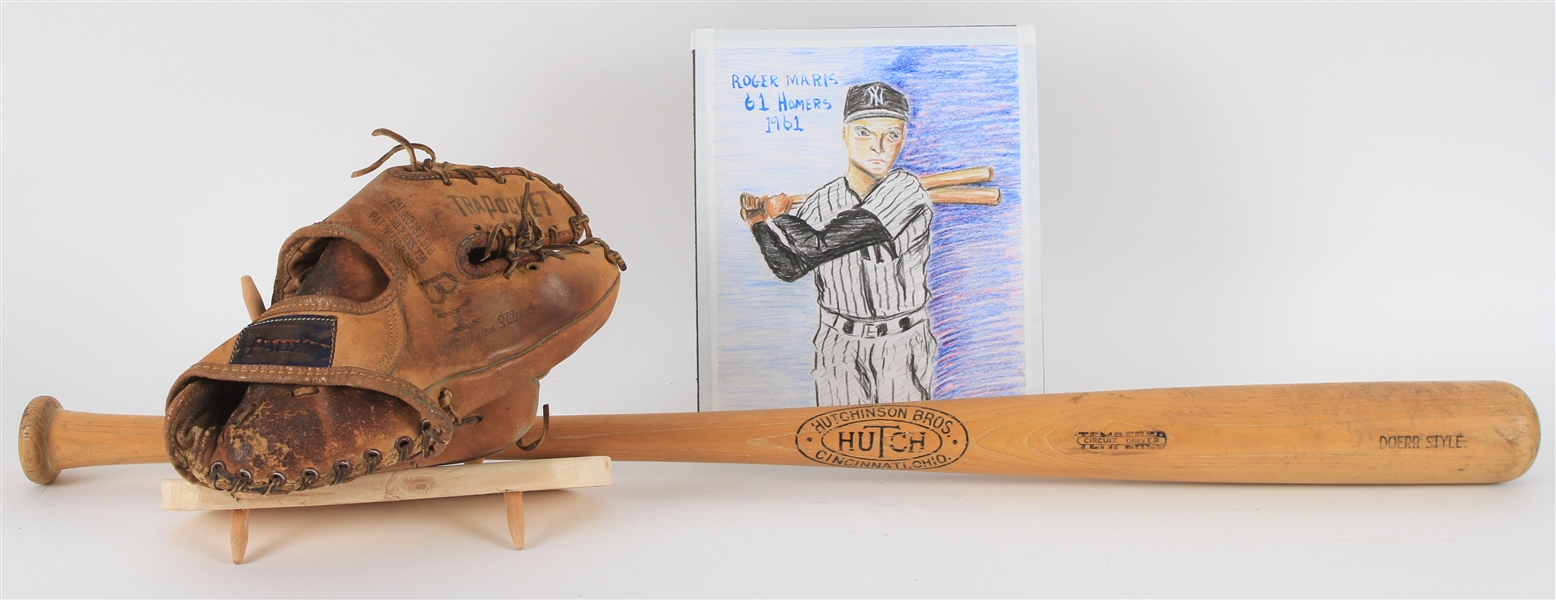 1950s-2020s Baseball Memorabilia Collection - Lot of 3 w/ Roger Maris Store Model Glove & Artwork + Bobby Doerr Store Model Bat