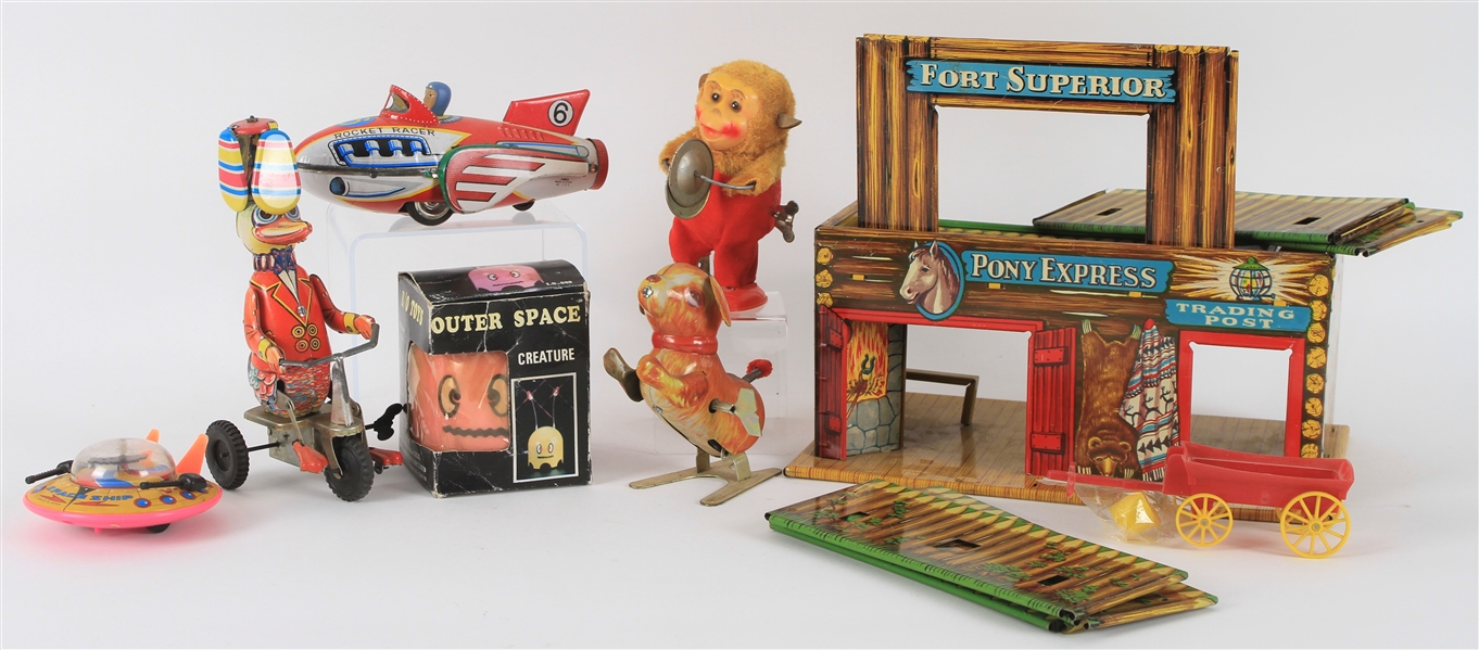 1950s-80s Vintage Classic Toy Collection - Lot of 7 w/ Rocket Racer #6, Outer Space Creature, Cymbal Playing Monkey & More
