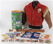 1950s-2000s Sports Memorabilia Collection - Lot of 98 w/ Packers Waste Basket, Louisville Slugger Jackets, 1957 World Series Program, Football Cards & More