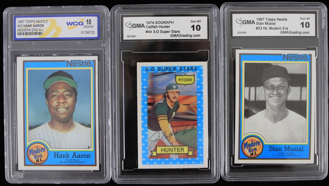 1974-87 Slabbed Baseball Trading Cards - Lot of 3 w/ Hank Aaron, Stan Musial and Catfish Hunter