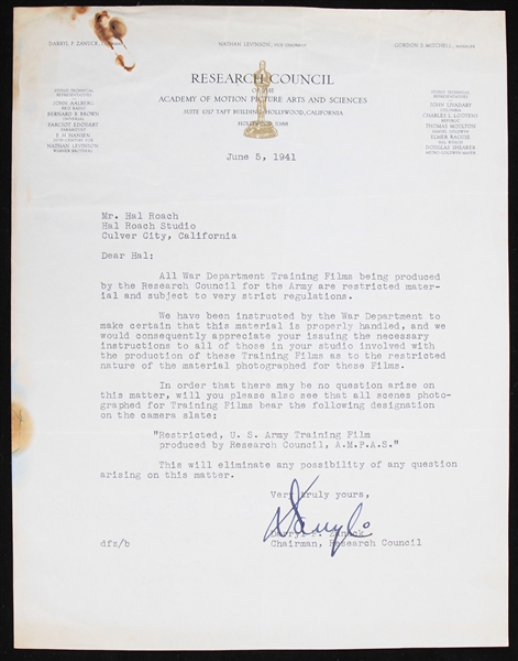 1941 Darryl F. Zanuck Signed Contract to Hal Roach (JSA)