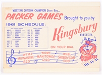 1961 Green Bay Packers 14" x 22" Kingsbury Beer Schedule Broadside