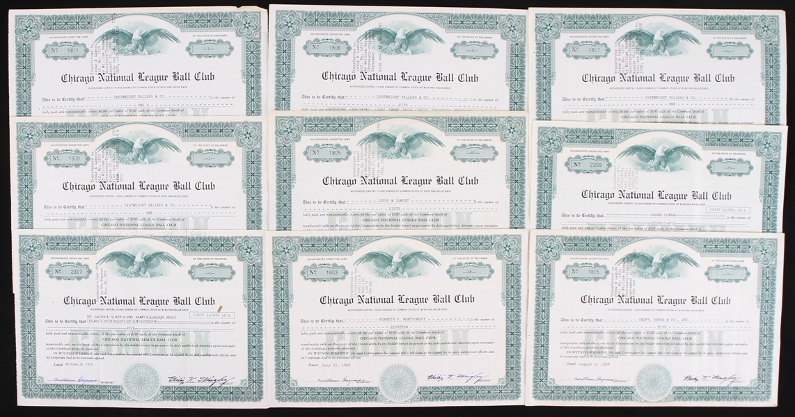 1968-72 Chicago Cubs Stock Share Certificates - Lot of 9