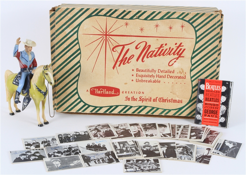 1950s-60s Impressive Americana Collection - Lot of 90+ w/ Beatles Trading Cards, Grain Belt Beer Canvas Posters , MIB Hartland Nativity Scene and Roy Rogers Hartland