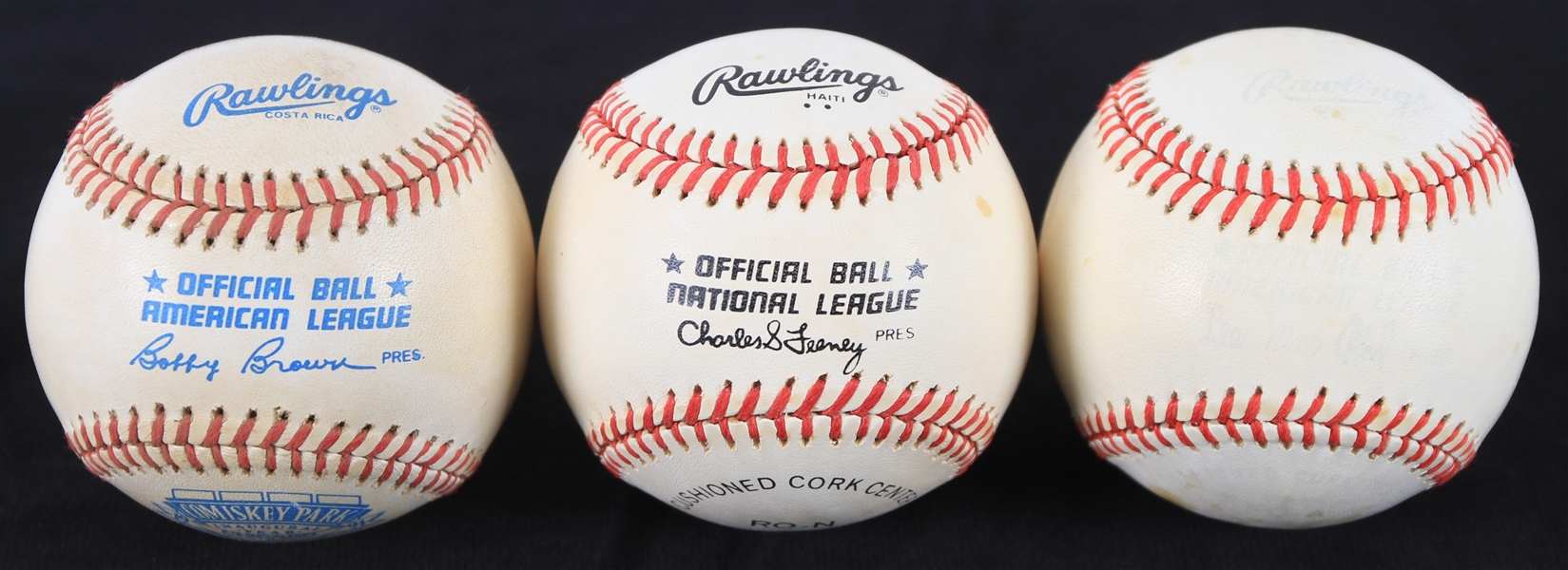 1970s-90s Official Major League Baseballs - Lot of 3 w/ OAL MacPhail, ONL Feeney and OAL Brown Comiskey Park Inaugural Season (MEARS LOA)