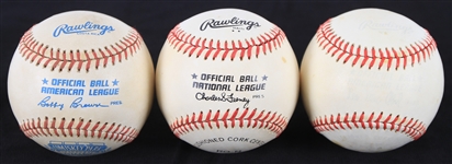 1970s-90s Official Major League Baseballs - Lot of 3 w/ OAL MacPhail, ONL Feeney and OAL Brown Comiskey Park Inaugural Season (MEARS LOA)