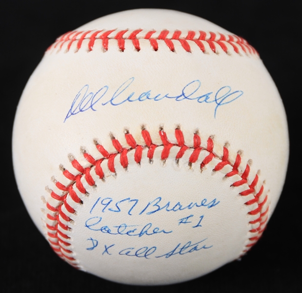 1994-1999 Del Crandall Milwaukee Braves Signed ONL Baseball *JSA* w/ 3 Stats