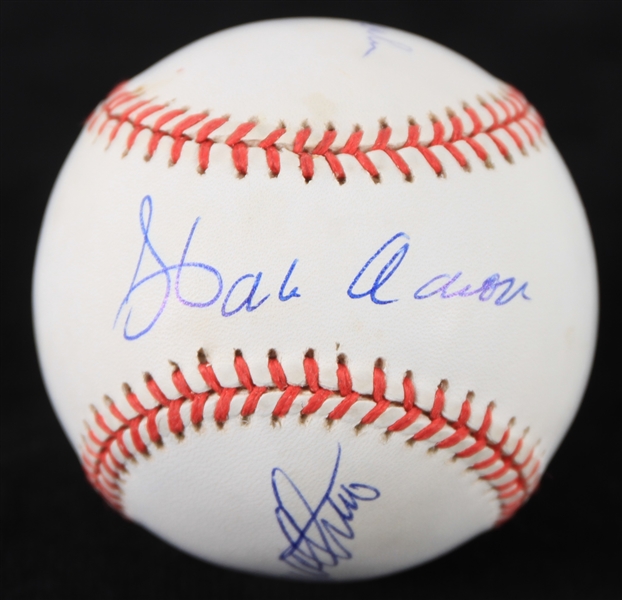 1957 Milwaukee Braves World Series Trios Hank Aaron Eddie Mathews Warren Spahn Signed ONL Baseball *JSA*