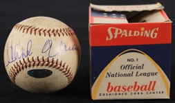 1960 Milwaukee Braves County Stadium Game Used ONL Giles baseball Hit by Joe Adcock vs. Cincinatti Signed by Hank Aaron In Original Box (MEARS/Steiner) Officer Wobszal Collection