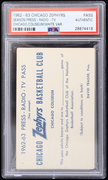 1962-1963 Chicago Zephyrs Basketball Club Season Press Pass Radio TV (PSA Slabbed) 