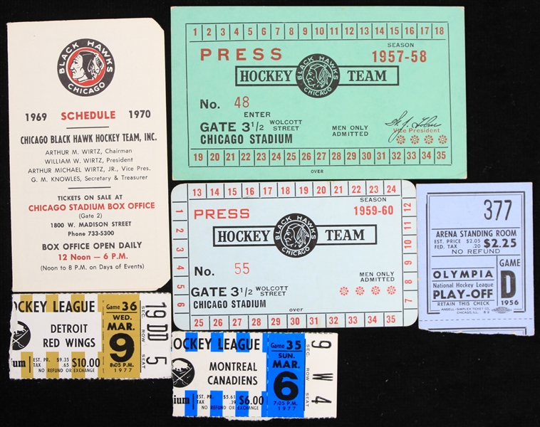 1956-1977 Black Hawks, Red Wings, Canadiens Ticket Stubs (Lot of 6)