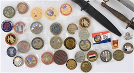 1910's-70's Military Memorabilia Collection - Lot of 35+ w/ Knives, Medallions, Ashtray & More
